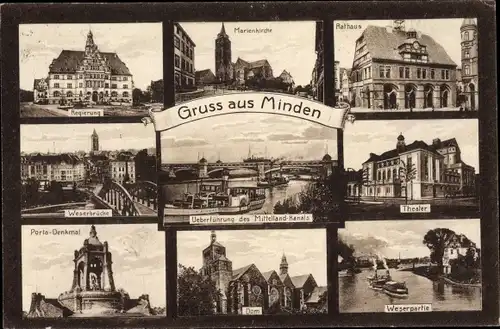 Ak Minden in Westfalen, Rathaus, Marienkirche, Theater, Dom, Porta Denkmal