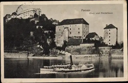 Ak Passau in Niederbayern, Ober- und Niederhaus mit Dampfer