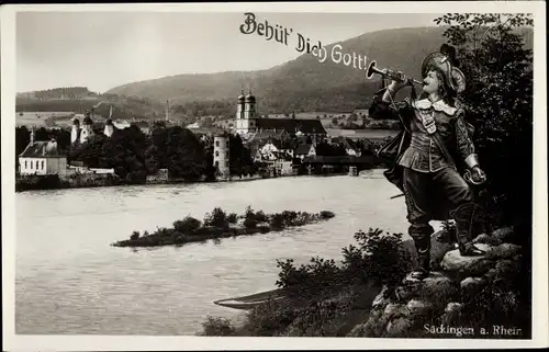 Ak Bad Säckingen am Hochrhein Kreis Waldshut, Trompeter von Säckingen, Teilansicht der Stadt, Kirche