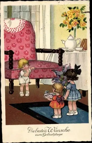 Ak Glückwunsch Geburtstag, Mädchen mit Blumenstrauß und Geschenk, Kuchentafel