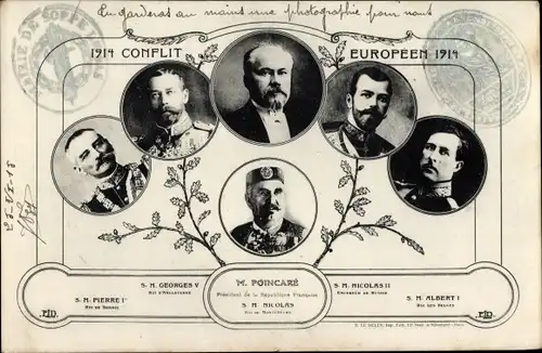 Ak Conflit Européen 1914, Raymond Poincaré, Nikolaus II., Georg V., Peter I., Albert I., 1. WK