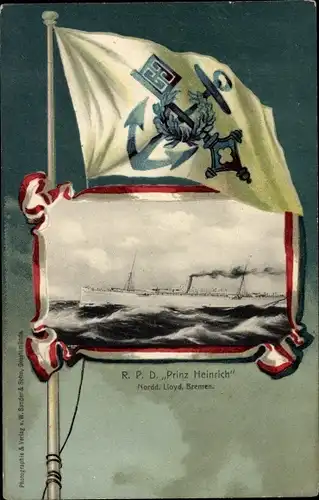 Passepartout Ak Reichspostdampfer Prinz Heinrich, Norddeutscher Lloyd Bremen, Fahne