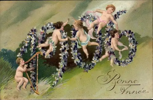 Präge Litho Glückwunsch Neujahr, Jahreszahl 1906 aus Blumen, Elfen, Harfe