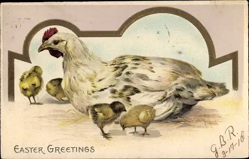 Präge Litho Glückwunsch Ostern, Henne mit Küken, Huhn