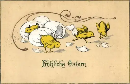 Präge Litho Glückwunsch Ostern, Küken schlüpfen aus Eiern