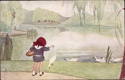 Künstler Ak Cramer, Rie, Lentebloemen, Eendjes, Mädchen füttert Enten