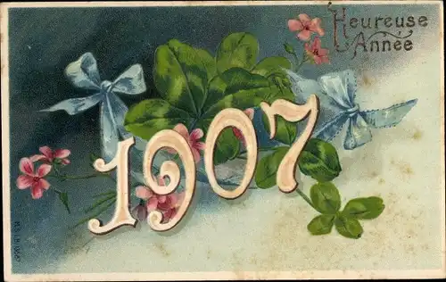 Präge Ak Glückwunsch Neujahr, Bonne Année, Jahreszahl 1907, Kleeblätter