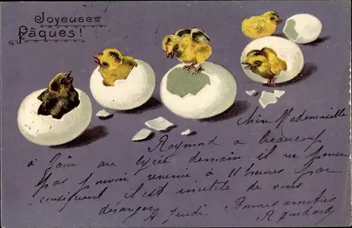 Präge Ak Glückwunsch Ostern, Küken schlüpfen aus Eiern