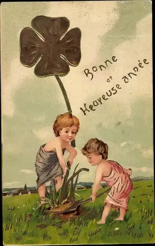 Präge Litho Glückwunsch Neujahr, Kinder graben Kleeblatt aus