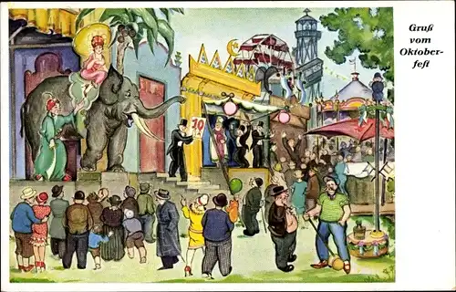 Künstler Ak Gruß vom Oktoberfest, Elefant, Jahrmarkt, Riesenrad