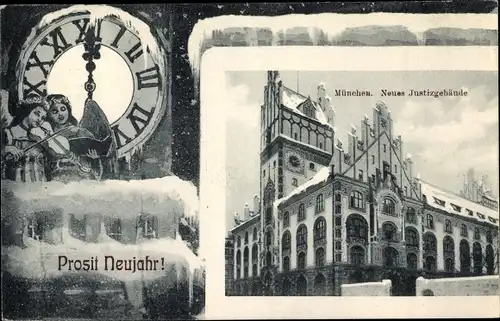 Ak München Bayern, Neues Justizgebäude, Glückwunsch, Neujahr, Engel, Uhr