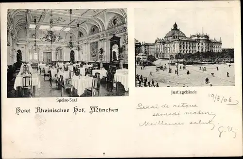 Ak München Bayern, Speisesaal, Justizgebäude, Hotel Rheinischer Hof