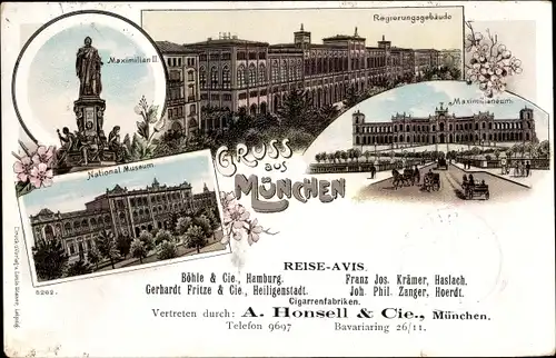 Litho München Bayern, Maximilian II. Denkmal, Regierungsgebäude, Nationalmuseum, Maximilianeum