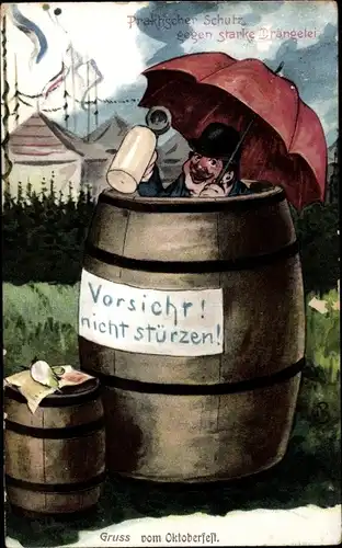 Litho München Bayern, Oktoberfest, Betrunkener in einem Fass