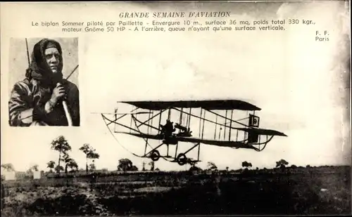 Ak Grande Semaine d'Aviation, Biplan Sommer piloté par Paillette, Flugpionier