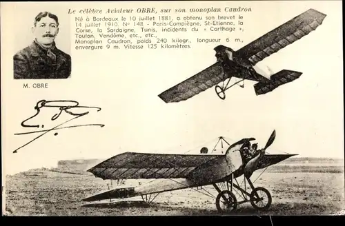 Ak Aviateur Obre, sur son monoplan Caudron, Pilot, Flugpionier, Flugzeug