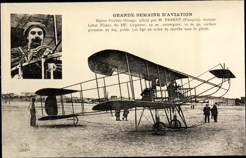 Ak Grande Semaine d'Aviation, Biplan Poulain Orange, pilote par Francois Parent, Flugpionier