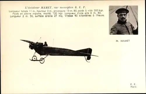 Ak L'Aviateur Mamet, Monoplan REP, Pilot, Flugpionier, Flugzeug