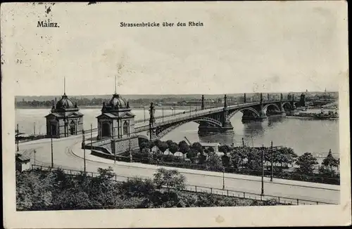 Ak Mainz am Rhein, Straßenbrücke über den Rhein