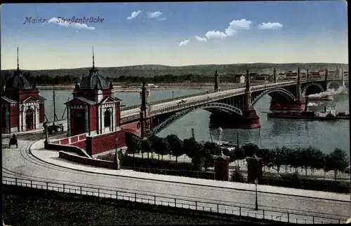 Ak Mainz am Rhein, Straßenbrücke über den Rhein