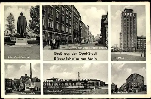 Ak Rüsselsheim am Main Hessen, Darmstädter Straße, Adam Opel Denkmal, Bahnhofsplatz