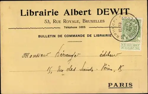 Ak Bruxelles Brüssel, Librairie Albert Dewit, 53, Rue Royale, Bulletin de Commande de Librairie