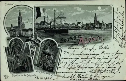 Mondschein Litho Anvers Antwerpen Flandern, Cathedrale, Segelschiff