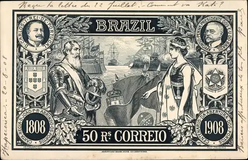 Ganzsachen Ak Brasilien, 50 Reais Correio, Don Carlos de Portugal, Alfonso Penna