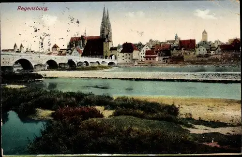 Ak Regensburg an der Donau Oberpfalz, Stadtbild mit steinerner Brücke