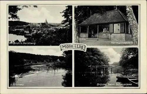Ak Mölln im Herzogtum Lauenburg, Blick vom Heidberg, Hermannsquelle, Pinnau, Brücke beim Schmalsee