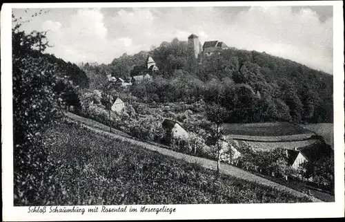 Ak Schaumburg Rosenthal Rinteln an der Weser, Blick auf Burg und Ortschaft