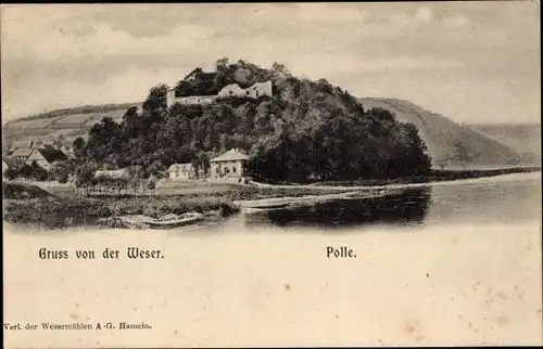 Ak Polle an der Weser in Niedersachsen, Flusspartie mit Blick zur Burgruine, Boot am Ufer