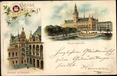 Litho Hamburg Mitte Altstadt, Neues Rathaus mit Ehrenhof