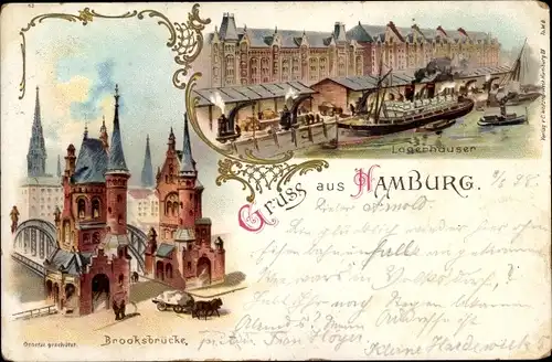 Litho Hamburg Mitte Altstadt, Lagerhäuser am Ufer, Dampfschiff, Brooksbrücke