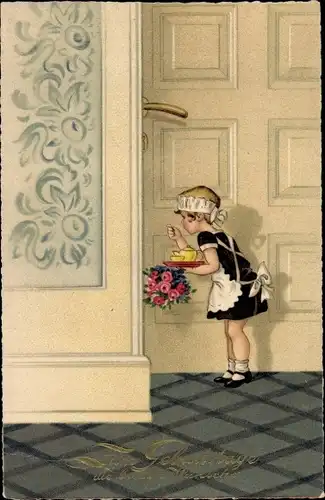 Ak Glückwunsch Geburtstag, Dienstmädchen mit Blumenstrauß