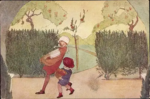 Künstler Ak Cramer, Rie, Lentebloemen, Oogst, Kinder mit Äpfeln