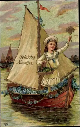 Präge Litho Glückwunsch Neujahr, Mädchen im Segelboot, Vergissmeinnicht, Kleeblätter