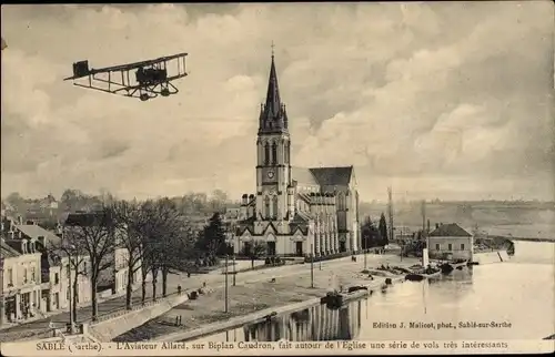 Ak Sablé sur Sarthe, L'Aviateur Allard, sur Biplan Caudron, Zivilflugzeug