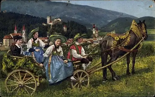 Ak Dolomiti, Costumi di Pusteria, Menschen in italienischer Tracht, Kutsche, Pferd