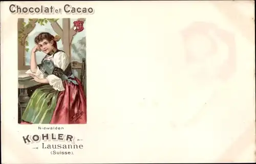 Künstler Ak Chocholat et Cacao, Kohler, Lausanne, Reklame, Frau in Tracht, Nidwalden