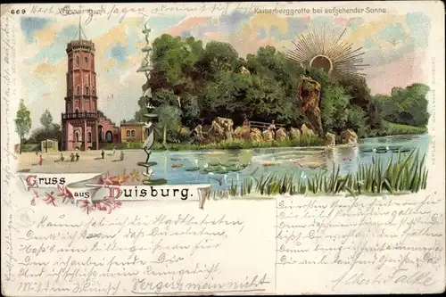 Sonnenschein Litho Duisburg im Ruhrgebiet, Wasserturm, Kaiserberggrotte