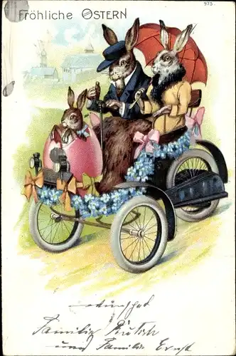 Litho Glückwunsch Ostern, Osterhasen, Familie im Automobil