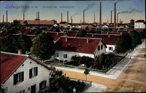 Ak Ludwigshafen am Rhein Rheinland Pfalz, Kolonie der Anilinfabrik mit Fabrikgelände im Hintergrund