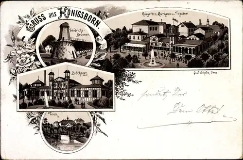 Litho Königsborn Unna im Ruhrgebiet, Friedrichsbrunnen, Kurgarten, Kurhaus, Theater, Teich, Badehaus