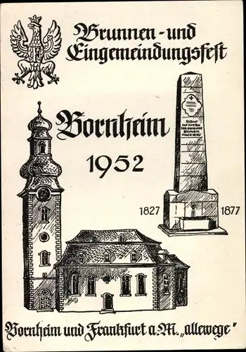 Künstler Ak Bornheim Frankfurt am Main, Brunnen und Eingemeindungsfest 1952