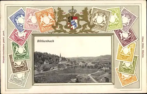 Präge Wappen Briefmarken Passepartout Ak Röthenbach im Allgäu, Gesamtansicht