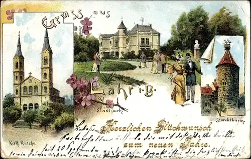 Litho Lahr im Schwarzwald Baden, Kath. Kirche, Stadtpark, Storchturm, Glückwunsch Neujahr