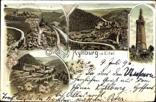 Litho Kyllburg in der Eifel, Panorama, St. Thomas, Malberg, Turm