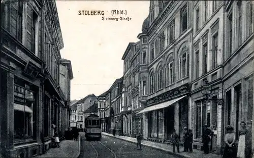 Ak Stolberg im Rheinland, Steinweg Straße, Straßenbahn, Geschäft A. Schulte