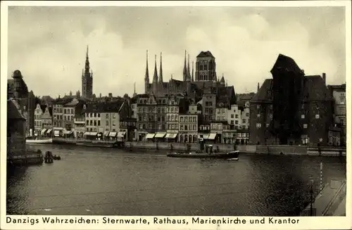 Ak Gdańsk Danzig, Sternwarte, Rathaus, Marienkirche, Krantor